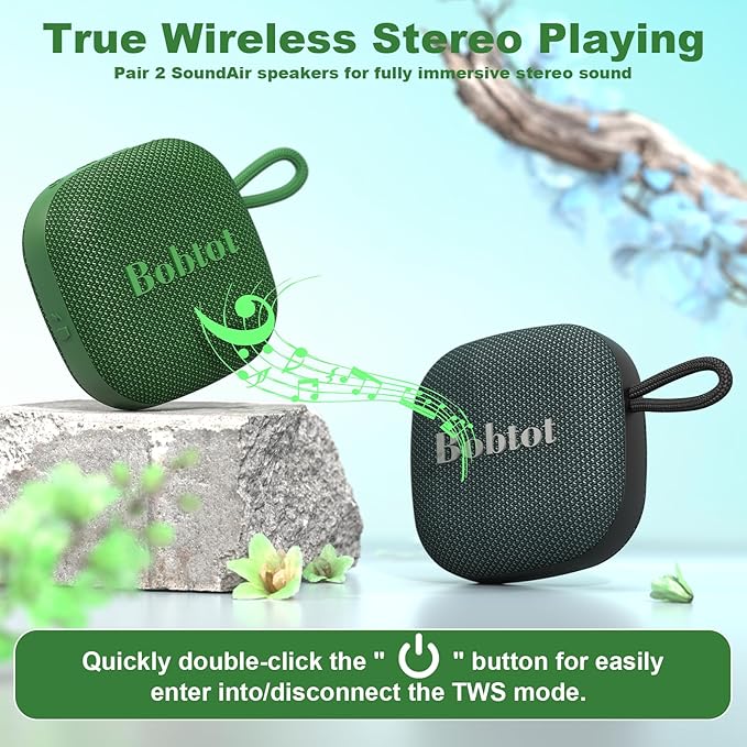 Bobtot Portable Bluetooth Speakers Wireless - IPX7 Waterproof Mini Shower Speaker with 16 Hours Playtime, Loud Stereo Sound, Rich Bass, TWS, Built-in Mic, Small Size for Travel Sport, Green-CubbioJoy