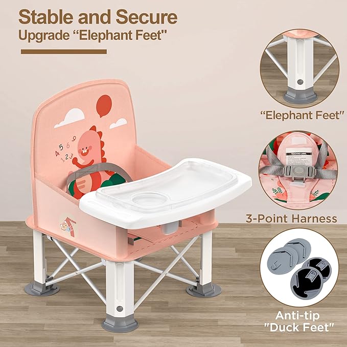 Baby Travel Booster Seat with Double Tray, BabyBond Upgraded Toddler Portable Baby Chair, Booster Seat for Dining Table, Stable and Foldable Booster Baby Chair for Indoor/Outdoor (Pink Dinosaur)-CubbioJoy