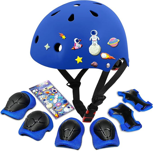 Kids Bike Helmet with DIY Stickers and Knee Pads Elbow Pads Wrist Guard Set for Ages 3-8-14 Toddler Boys Girls Helmet for Roller Skates Cycling Skateboarding Bicycle Scooter-CubbioJoy