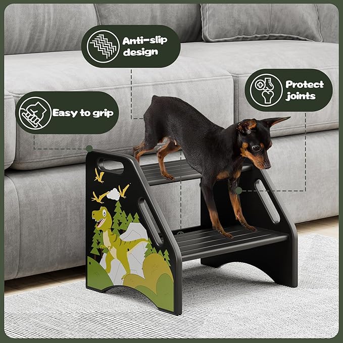 AMBIRD Toddler Step Stool, Dinosaur Wooden Two Step Stool for Kids with Non-Slip Pads, Portable Potty Training Stool with Handles for Bathroom, Sink, Kitchen, Bedroom-CubbioJoy