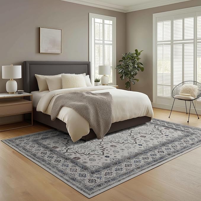 9x12 Area Rug Living Room Rugs, Stain Resistant Washable Rug, Vintage Large Non-Slip Backing, Low Pile Lightweight Print Rug for Bedroom Dinning Room Home Office (White Cream/Gray)-CubbioJoy