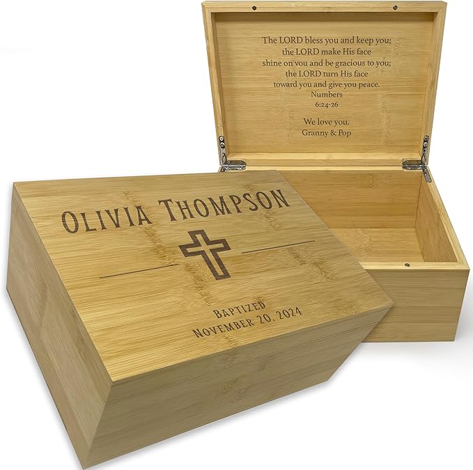 Baptism Memory Box Bamboo Wood - Personalized Baptism Gifts for Boys, First Communion Storage Box for Girls, Personalized Christening Gifts for Boys, Engraved Confirmation Keepsake Boxes, 11x8x4,75 in-CubbioJoy
