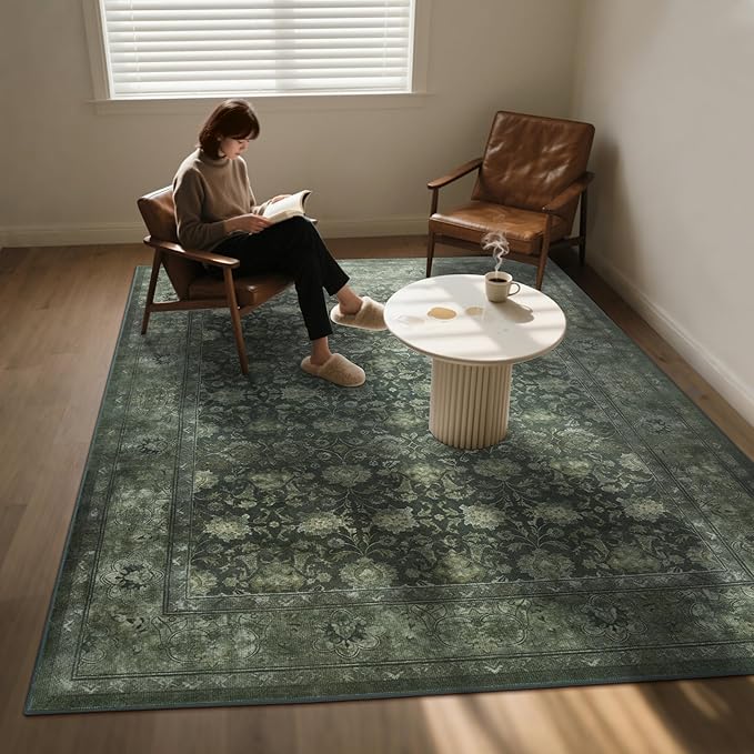 5x7 Washable Area Rug for Living Room, Non Slip Vintage Floral Rugs for Bedroom, Retro Indoor Floor Carpet for Kitchen, Dining Room, Farmhouse, Classroom (Distressed Green)-CubbioJoy