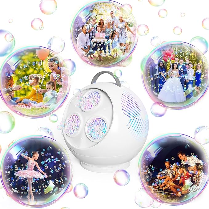 Bubble Machine Automatic Bubble Blower for Kids Toddlers Rechargeable Portable Spherical LED Bubble Maker Electric Auto Rotating 45°/360° Outdoor Toy Birthday Party Wedding (Spherical White)-CubbioJoy