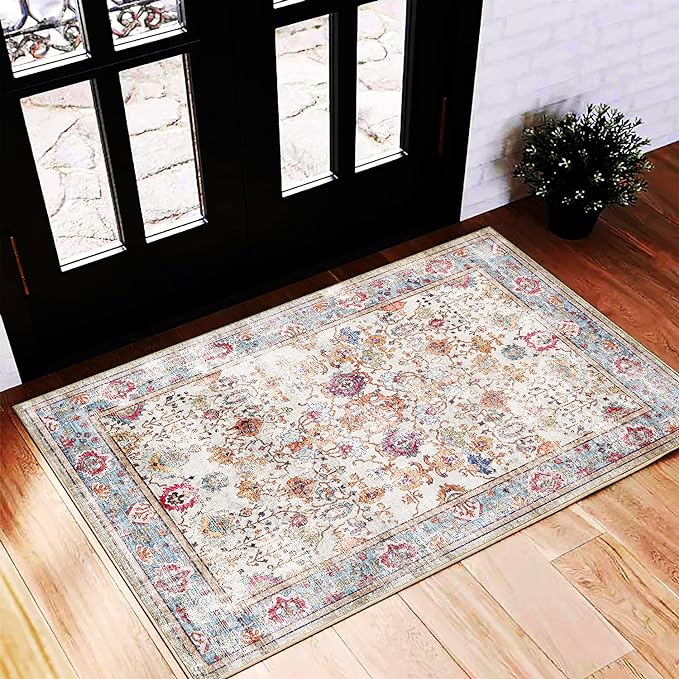 Area Rug 2'x3' Washable Rug Door Mat Vintage Distressed Doormat Indoor Entrance Traditional Thin Floral Print Non Slip Carpet for Kitchen Bathroom Bedroom Living Room-CubbioJoy