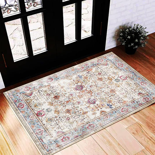 Area Rug 2'x3' Washable Rug Door Mat Vintage Distressed Doormat Indoor Entrance Traditional Thin Floral Print Non Slip Carpet for Kitchen Bathroom Bedroom Living Room-CubbioJoy