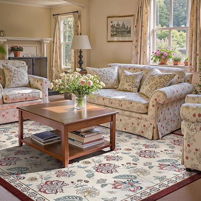 jinchan 8x10 Floral Rug for Living Room Washable Bedroom Rug Vintage Romance Design Non Slip Thin Indoor Floor Cover Large Low-Profile Throw Carpet for Dining Room Office, Red/Beige-CubbioJoy
