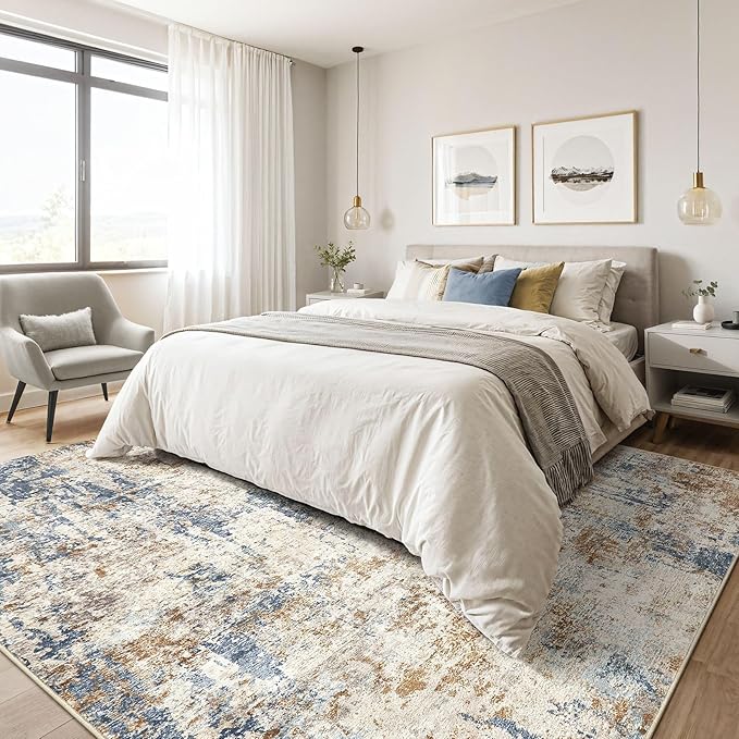 9x12 Area Rug Washable Rugs: Living Room Large Abstract Modern Soft Stain Resistant Indoor Floor Non Slip Accent Carpet for Bedroom Nursery Playroom Office Dining Room Dorm Home House- Tan-CubbioJoy