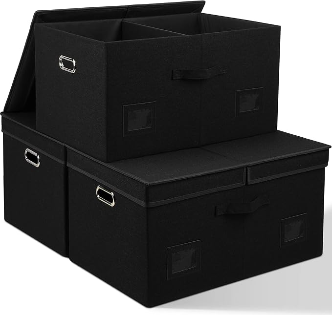 75 Quarts Extra Large Decorative Storage Bins with Lids, 3 Packs Black Collapsible Storage Bins with Lids, Stackable Storage Bins Decorative Box Storage With Lid Extra Large-CubbioJoy