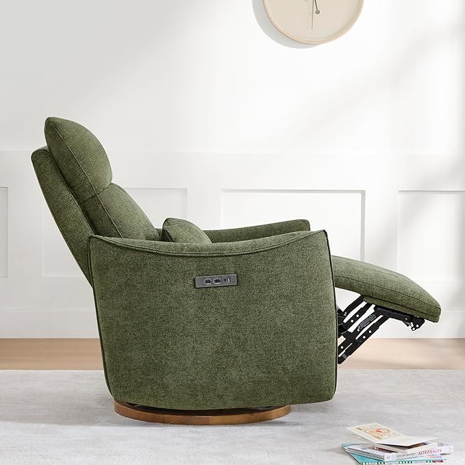 CHITA Swivel Rocker Recliner Chair, Power Nursery Glider Recliner, Nursery Rocking Chair with Adjustable Power Headrest, FSC Certified, Solid Wood Base, Moss Green-CubbioJoy