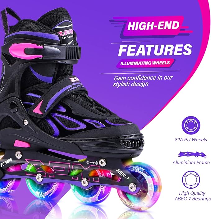 2PM SPORTS Vinal Girls Adjustable Flashing Inline Skates, All Wheels Light Up, Fun Illuminating Skates for Kids Men Adult Women and Boys-CubbioJoy