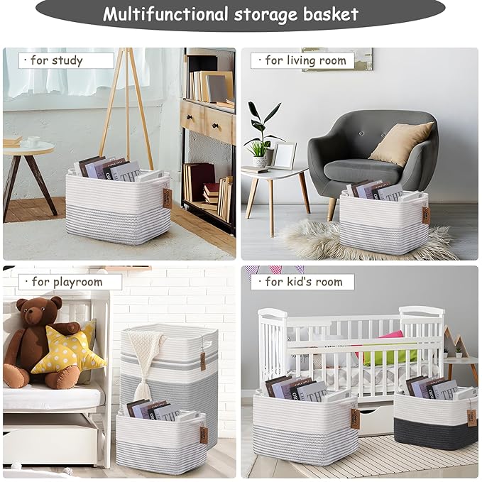 COMFY-HOMI 3 Pack Cotton Rope Square Basket with Handles - Storage & Organizer (White/Black Line, 13.5" x 11" x 9.5")-CubbioJoy