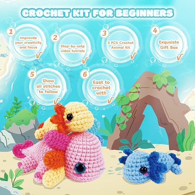 Crochet Kit for Beginners-3PCS Axolotl Crochet Kits for Adults Kids, Crochet Starter Kit with Step-by-Step Video Tutorials, Crochet Animals Kits DIY Craft Knitting Kit Learn to Crochet Kits for Adults-CubbioJoy