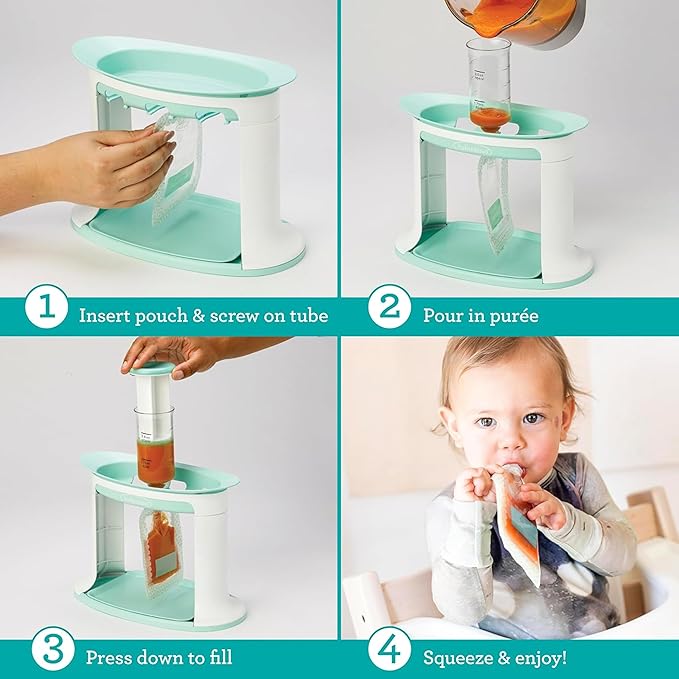Infantino Squeeze Station, Baby Food Maker & Pouch Filler, Fill 3 Reusable Pouches at Once, Easy to Use, Dishwasher Safe, Homemade Baby Food Prep Essential, Teal-CubbioJoy
