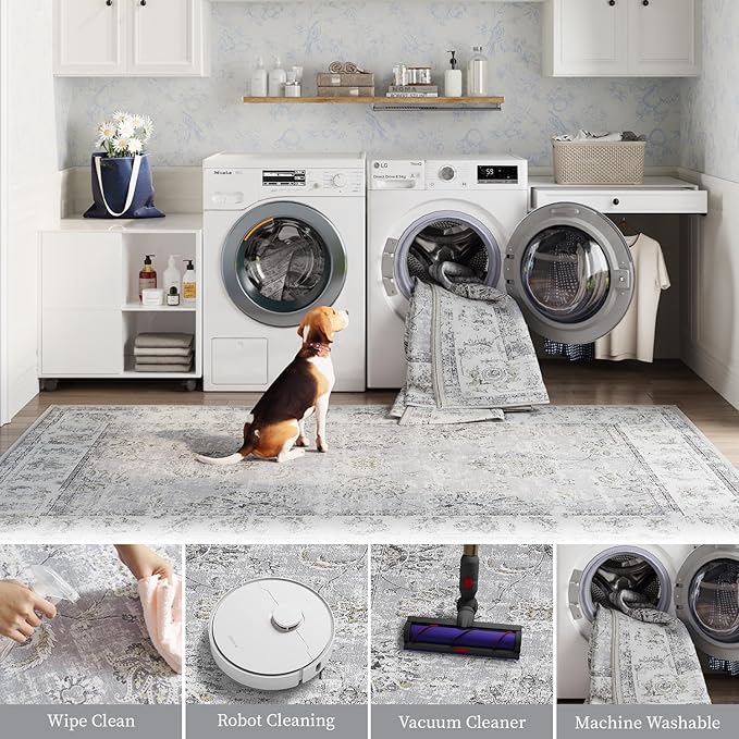 jinchan Hallway Runner Rug 2x8 Machine Washable Runner Rug Grey Vintage Floral Design Non-Slip Ultra-Thin for Kitchen Laundry Room Bedroom Farmhouse (2‘x8',Grey)-CubbioJoy