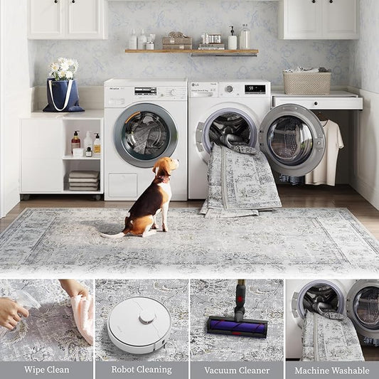 jinchan Round Rug 7ft Area Rugs - Vintage Floral Distressed Design Machine Washable Non-Slip Low-Pile Ultra-Thin Circle Rug for Living Room Dining Room Bedroom Home Office Farmhouse (7' Round,Grey)-CubbioJoy