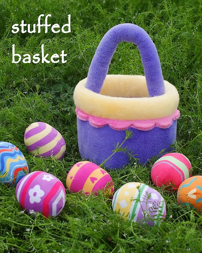 8 Piece Plush Stuffed Playset Toys with 7 Eggs, 1 Furry Bag, Soft Basket Set Sensory Toys for Girls Kids Ages 3+, Birthday Christmas Valentines Easter Party Favors Gifts-CubbioJoy