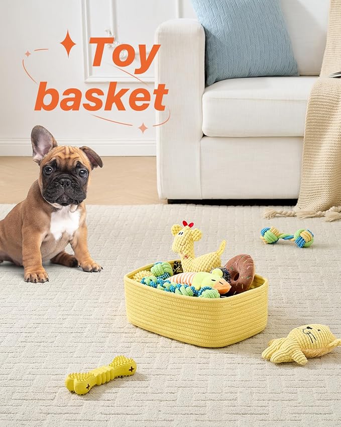 KALLAX Small Woven Basket, 12 x 8 x 4.5 Inches, Storage Basket for Organizing, Cute Small Rope Shelf Closet Cube Storage Bins Baskets for Shelves, Dog Toy Gift Baskets Empty, 3 Pack Yellow-CubbioJoy