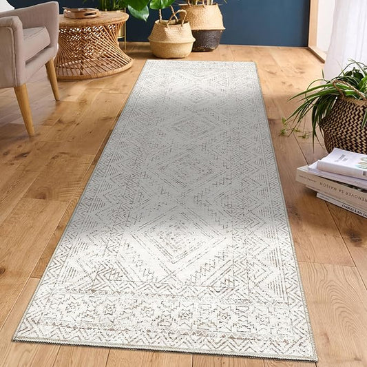 COZYLOOM Runner Rug 2x8 Living Room Washable Rugs Stain Resistant for Bedroom Soft Floor Carpet Non Slip Distressed Geometric Carpet for Dining Room Laundry Room Office, Ivory-CubbioJoy