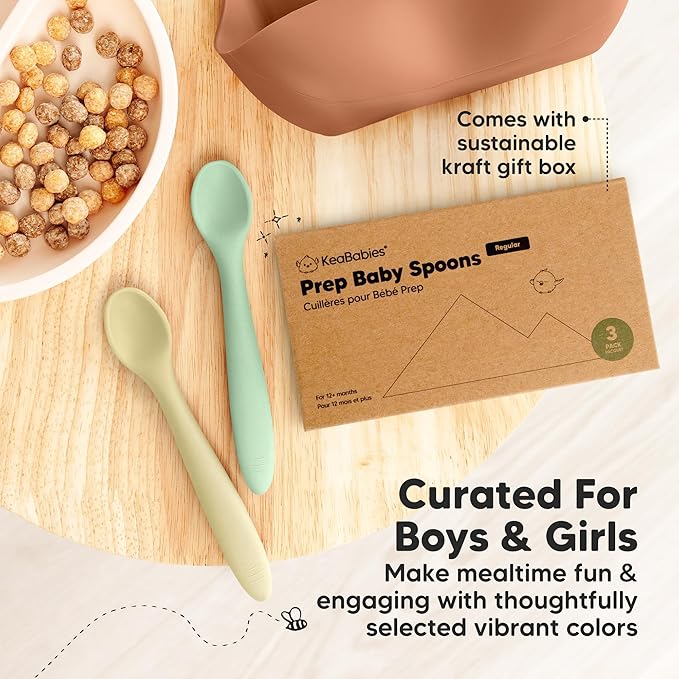 KeaBabies Silicone Baby Spoons, Self Feeding 6-12 months - 3-Pack Baby Weaning Eating Utensils,Toddler First Food Training Spoon,Infant,Kids Feeding Supplies Essential Set,Dishwasher-safe (Pastel Sky)-CubbioJoy