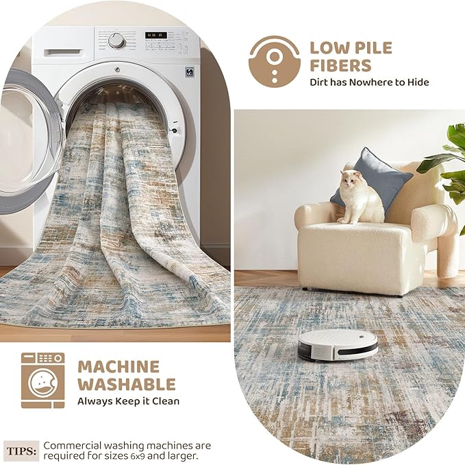 Area Rug for Living Room: 5x7 Washable Neutral Abstract Modern Soft Rugs Non Slip Indoor Floor Stain Resistant Carpet for Bedroom Dining Room Office Nursery - Blue Brown-CubbioJoy