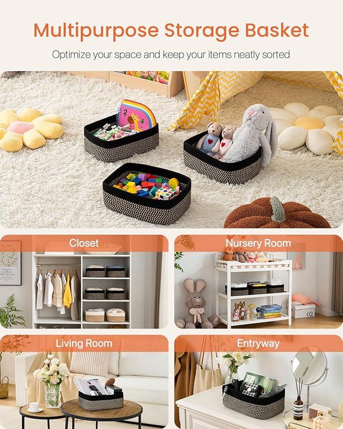 KALLAX Small Woven Basket, 13.5 x 9.5 x 5 Inches, Storage Basket for Organizing, Cute Small Rope Shelf Closet Cube Storage Bins Baskets for Shelves, Dog Toy Gift Baskets Empty, 3 Pack Black & Brown-CubbioJoy