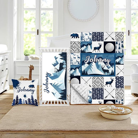 Custom Crib Bedding Set - Woodland Animals Design Personalized Name Baby Nursery Bed 3 Pcs Set - Chic Soft Blanket with Dotted Backing, Sheet, Pillowcase for Newborn Girls Boys Gifts Color10-CubbioJoy