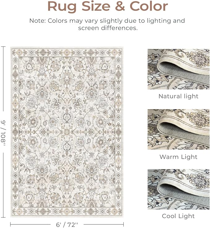 6x9 Area Rug for Living Room & Bedroom, Washable Non-Slip Vintage Rugs, Neutral Floral Soft Carpet, Low Pile Wool Carpets for Indoor Dining Home Office Playroom Under Table, Beige-CubbioJoy