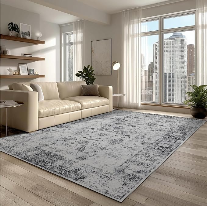9x12 Area Rug Living Room Rugs, Stain Resistant Washable Rug, Vintage Large Non-Slip Backing, Low Pile Lightweight Print Rug for Bedroom Dinning Room Home Office (White/Grey)-CubbioJoy