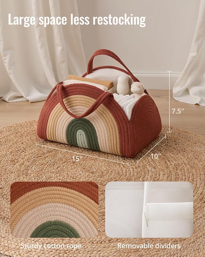 Blissful Diary Baby Diaper Caddy Organizer, Cotton Rope Diaper Caddy Basket, Large Storage Basket, Gift for Baby Shower, Newborn Essentials, Rustic Rainbow-CubbioJoy