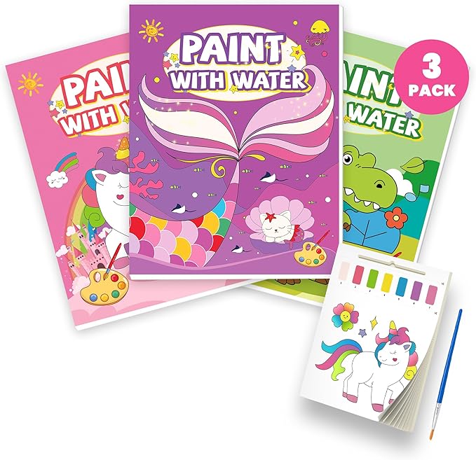 3PCS Paint With Water Books for Kids 20 Page Each,Unicorn Mermaid & Dinosaur Watercolor Paint Book Set for Kid,Toddlers Color Coloring Painting Drawing Set,Mess Free Toys Gifts for Kid Age 3 4 5 6 7 8-CubbioJoy