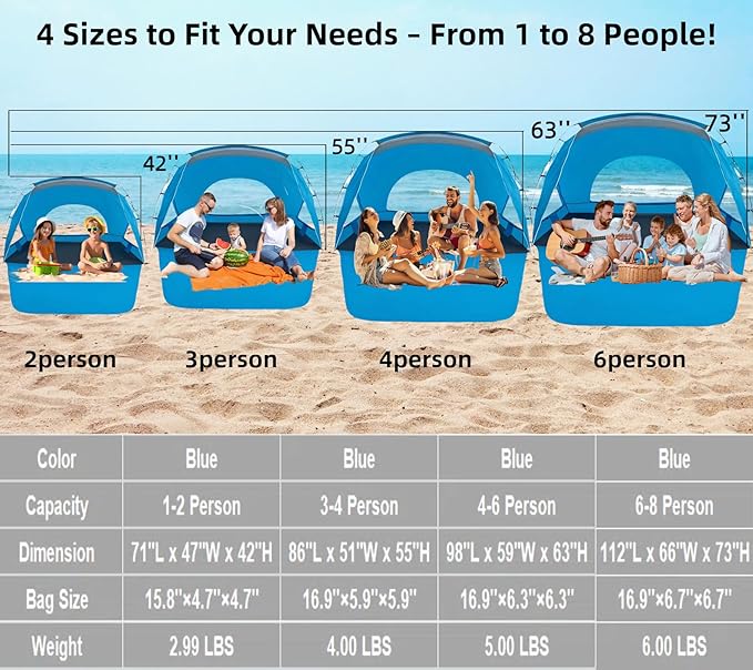 Beach Tent, Portable Sun Shelter for 2/3/4/6-8 Person with UPF 50+ UV Protection, Easy Setup Waterproof Beach Shade Canopy Cabana for Family Outdoor and Picnics, Fishing with Carrying Bag-CubbioJoy