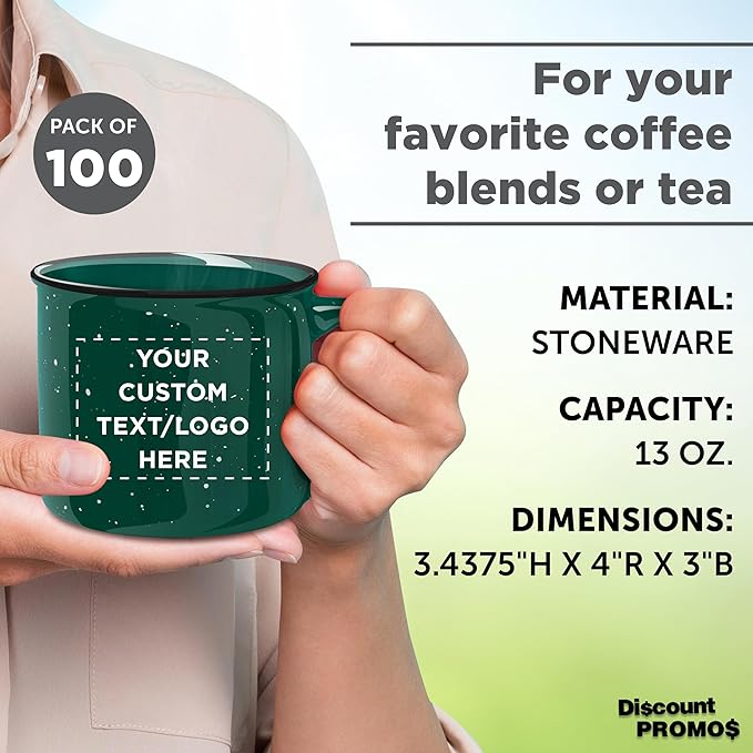 DISCOUNT PROMOS Custom Ceramic Campfire Coffee Mugs 13 oz. Set of 100, Personalized Bulk Pack - Perfect for Tea, Espresso, Cappuccino, Hot Cocoa - Green-CubbioJoy