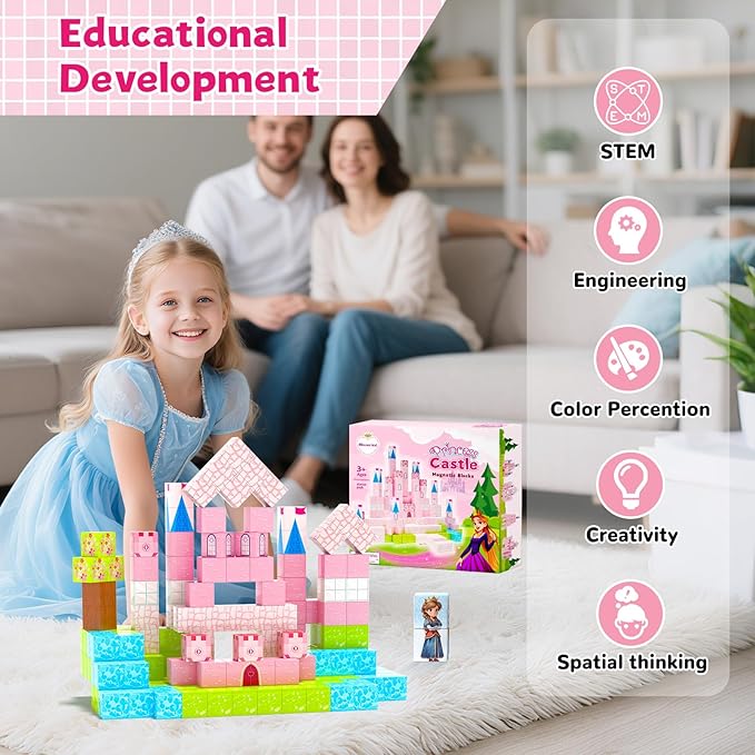 64 Pcs Magnetic Blocks-Princess Castle Collection World,Magnetic Building Blocks for 3+ Year Old Boys & Girls, Creative STEM Sensory Toys,Christmas Birthday Gifts for Kids Ages 3-8-CubbioJoy