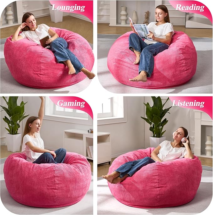 3.5FT Bean Bag Chairs Teardrop Bean Bag Chair for Adults Beanbag Chair with Memory Foam Filled Machine Washable Cover for Living Room, Bedroom (Large,Pink)-CubbioJoy