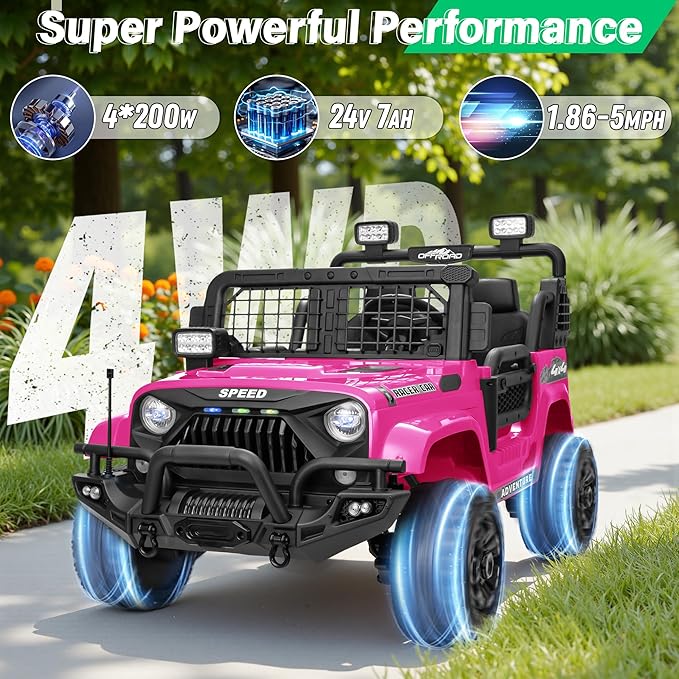 2 Seater Ride On Car Truck with Remote Control XL, Kids 24V Battery Powered Electric Vihicle w/21 in Seat, 3 Speeds, 2WD/4WD Switichable, Shock Absorbers,Bluetooth, Flower, Gift Choice-CubbioJoy