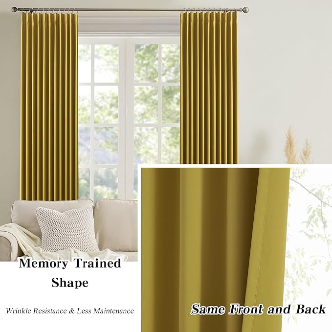KEQIAOSUOCAI Yellow Pinch Pleated Curtains 96 Inch Length 2 Panels Set Noise Cancelling Window Drapes for Nursery Bedroom Living Room 40x96-CubbioJoy