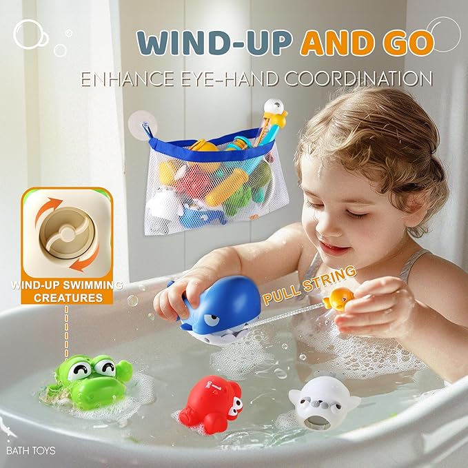 Bath Toys for Kids, Magnetic Fishing Toys with Storage Bag and Light up Star, Wind Up Creatures Baby Bathtub Birthday Gifts for Toddlers 2-4 Boys Girls, 11 Pcs Set-CubbioJoy