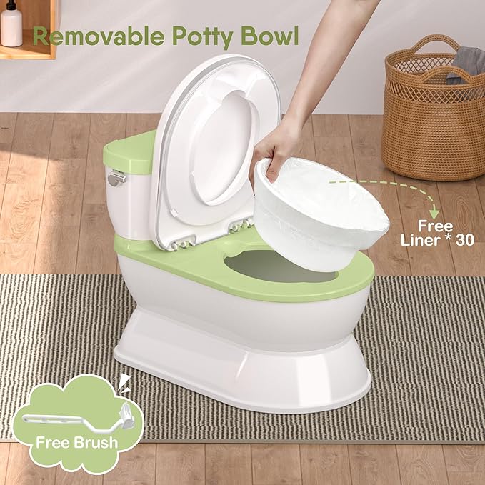 2-in-1 Toddler Potty Training Toilet - Larger Potty Chair & Detachable Training Seat for Boys & Girls Ages 1-3 with Flushing Sound, Wipes Storage, Toilet Paper Holder - Green-CubbioJoy