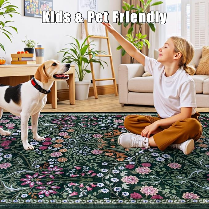 Area Rug Living Room Rugs: Floral 5x7 Washable Rug Vintage Soft Boho Non-Slip Carpet Indoor Floor Stain Resistant Large Carpets for Bedroom Dining Room Farmhouse Nursery Hallway Home Office Dark Green-CubbioJoy