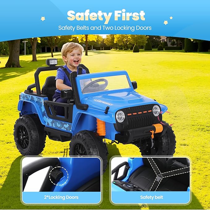 24V Kids Toddler Ride On Truck Electric Car Kids Ride On Truck Car Electric Jeep Off-Road Truck for Parent Remote Control LED Lights Music Powerful Wheels for Ages 3+(Blue)-CubbioJoy