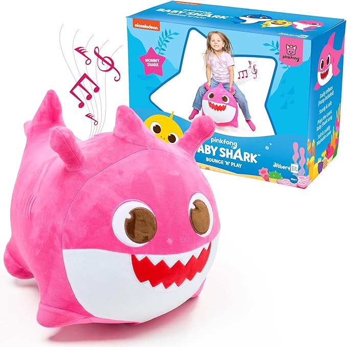 JITTERYGIT Baby Shark Bouncy Hopper - Musical Plush Toy for Kids and Toddlers - Mommy Shark (Pink)-CubbioJoy