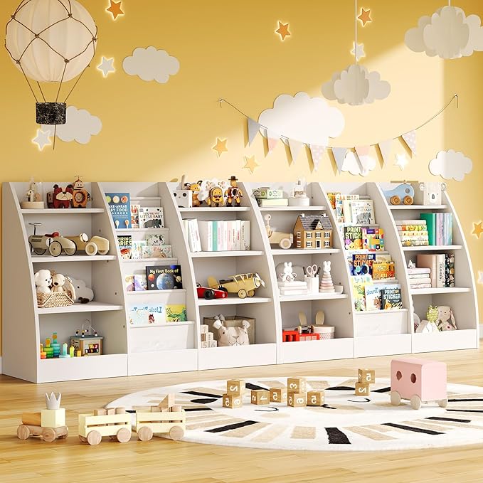 4 Tier Kids Bookshelf Set of 2, 4 Layer Sling Kids Book Shelf for Kids Rooms, XL Wood Children Bookcase,Baby Storage Book Rack,Toddler Bookshelf, Book and Toy Organizer,Book Display Shelf for Nursery-CubbioJoy