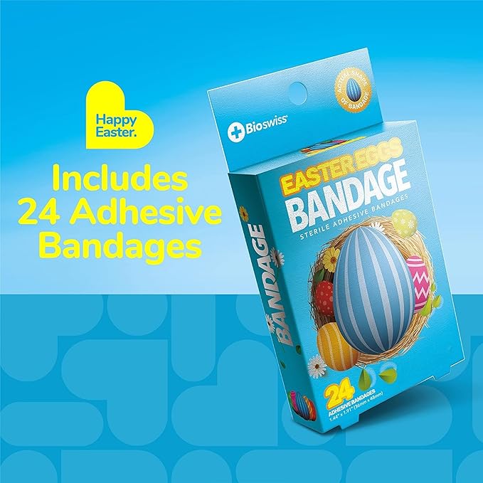 BioSwiss Bandages, Easter Egg Shaped Self Adhesive Bandage, Latex Free Sterile Wound Care, Fun First Aid Kit Supplies for Kids, 24 Count-CubbioJoy
