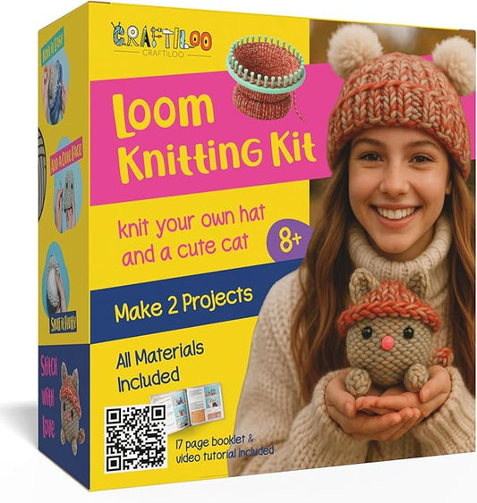 CRAFTILOO Knitting Kit for Kids – Beginner Knitting Kit to Make a Hat & Cat – Quick Knit Loom Kit with Yarn, Tools & Instructions – Knitting for Beginners Kit for Girls & Boys Ages 8+-CubbioJoy