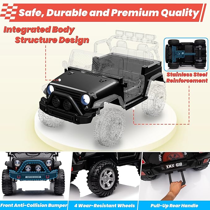 24V 4WD Ride on Truck Car w/800W Motors, Gift Flower, Remote Control, 2 Seaters, Light Bar, 3 Speeds, Pop Music, Power Four Wheels, 24 Volt Ride on Toy Car for Big Kids, Black-CubbioJoy
