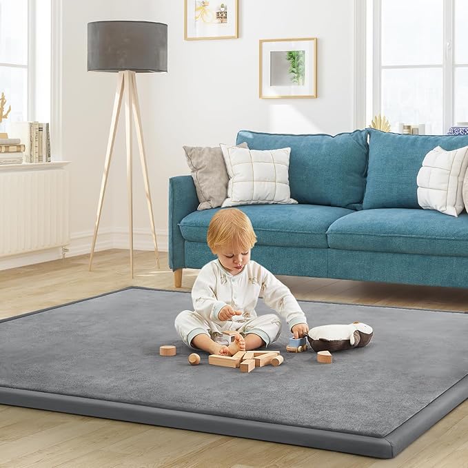 Baby Play Mat for Floor Tummy Time Mat Nursery Muscle Area Playroom Rug Tatami 79"x118" Memory Foam 1.3" Thick Crawling For Babies,Toddlers, Infants, Kids,Floor(Grey)-CubbioJoy