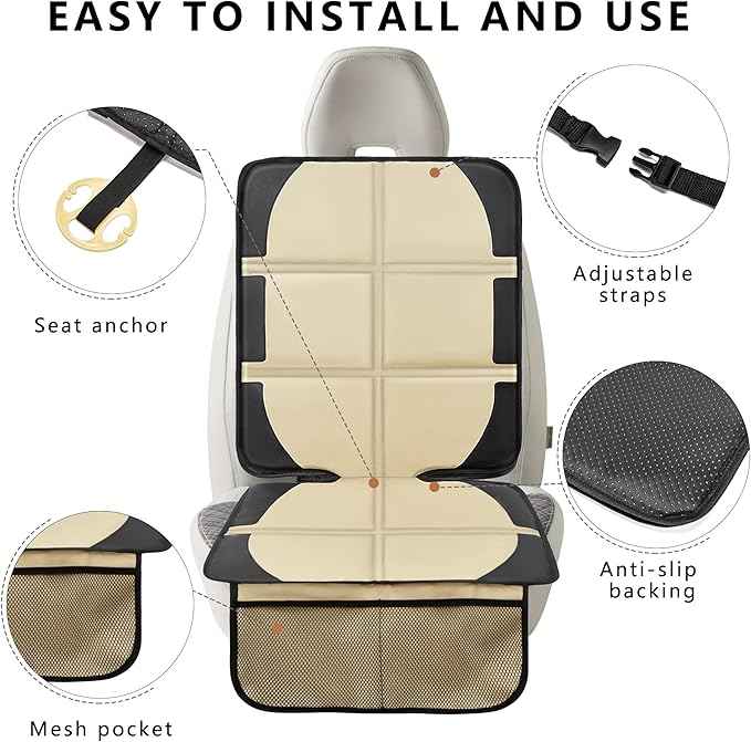Car Seat Protector for Child Car Seat, 2 Pack Baby Car Seat Covers with Mesh Pockets & Non-Slip Backing 600D Durable Seat Protector Under Baby Car Seat for Car Back Seat (Beige, Large)-CubbioJoy