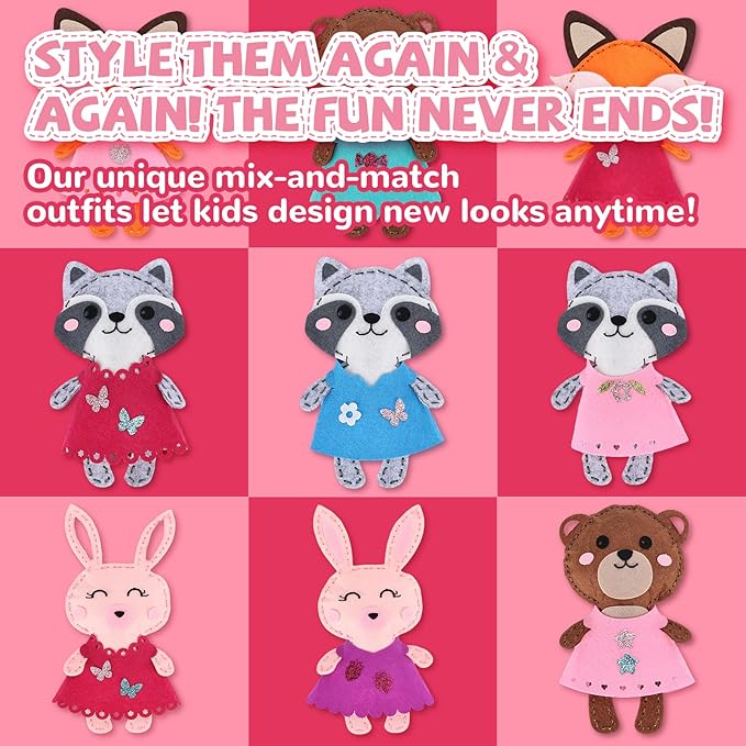 Cymbana Kid Sewing Craft Kit to Make a Friend for Beginner Felt Craft Learn to Sew, Panda Fox Bunny Raccoon Bear 5 Animals-CubbioJoy