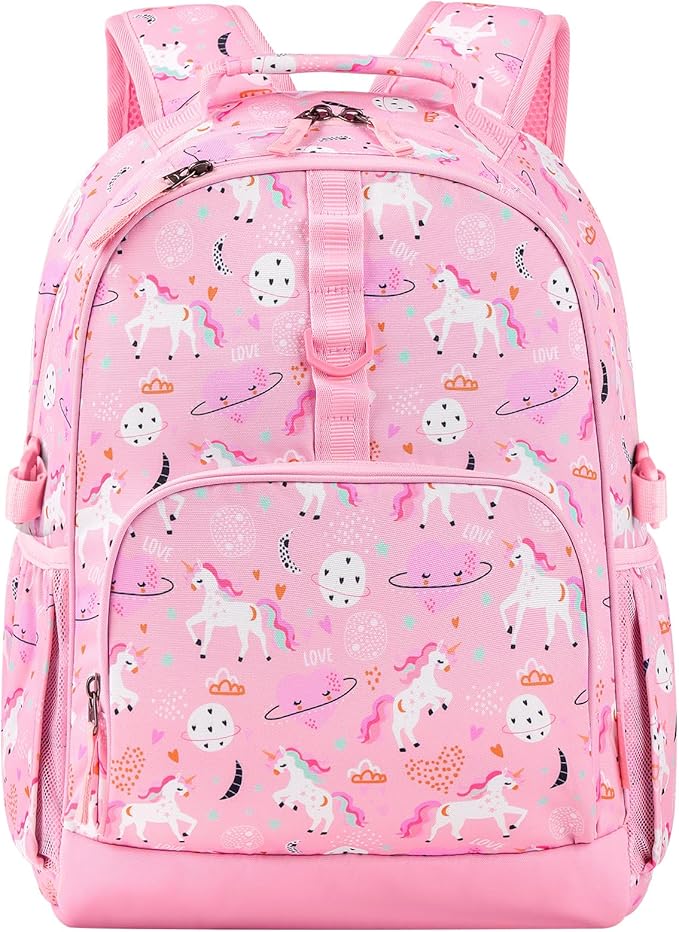 Choco Mocha Unicorn Backpack for Girls, Elementary School Backpack for Girls Ages 6-8 Kids Kindergarten Backpack Bookbag 17 Inch with Chest Strap, Pink-CubbioJoy